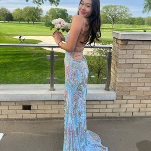 Rachel Allen 70002 Scoop Neck Long Prom Dress in Power Blue Multi Color